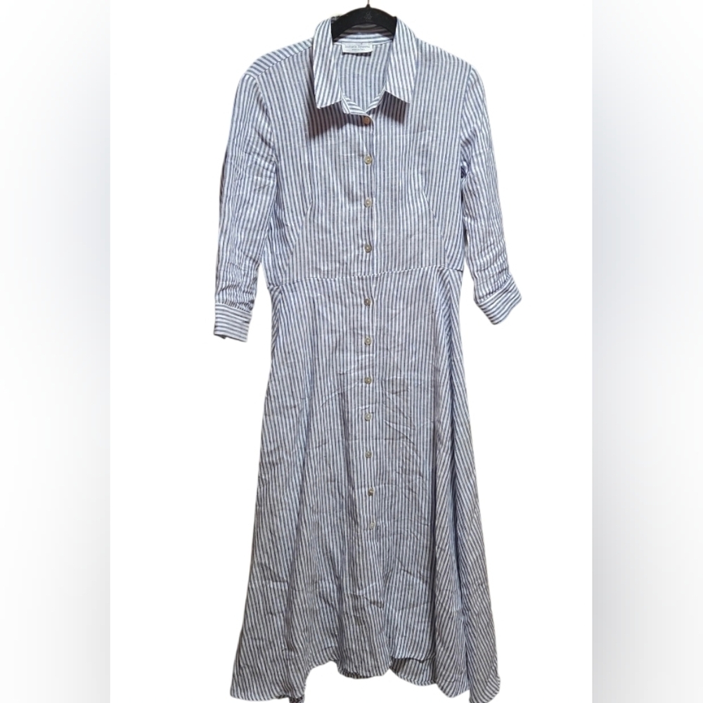 Sartoria Saracena Seersucker Blue & White Striped 100% Linen Maxi Dress Size XS - Picture 1 of 7